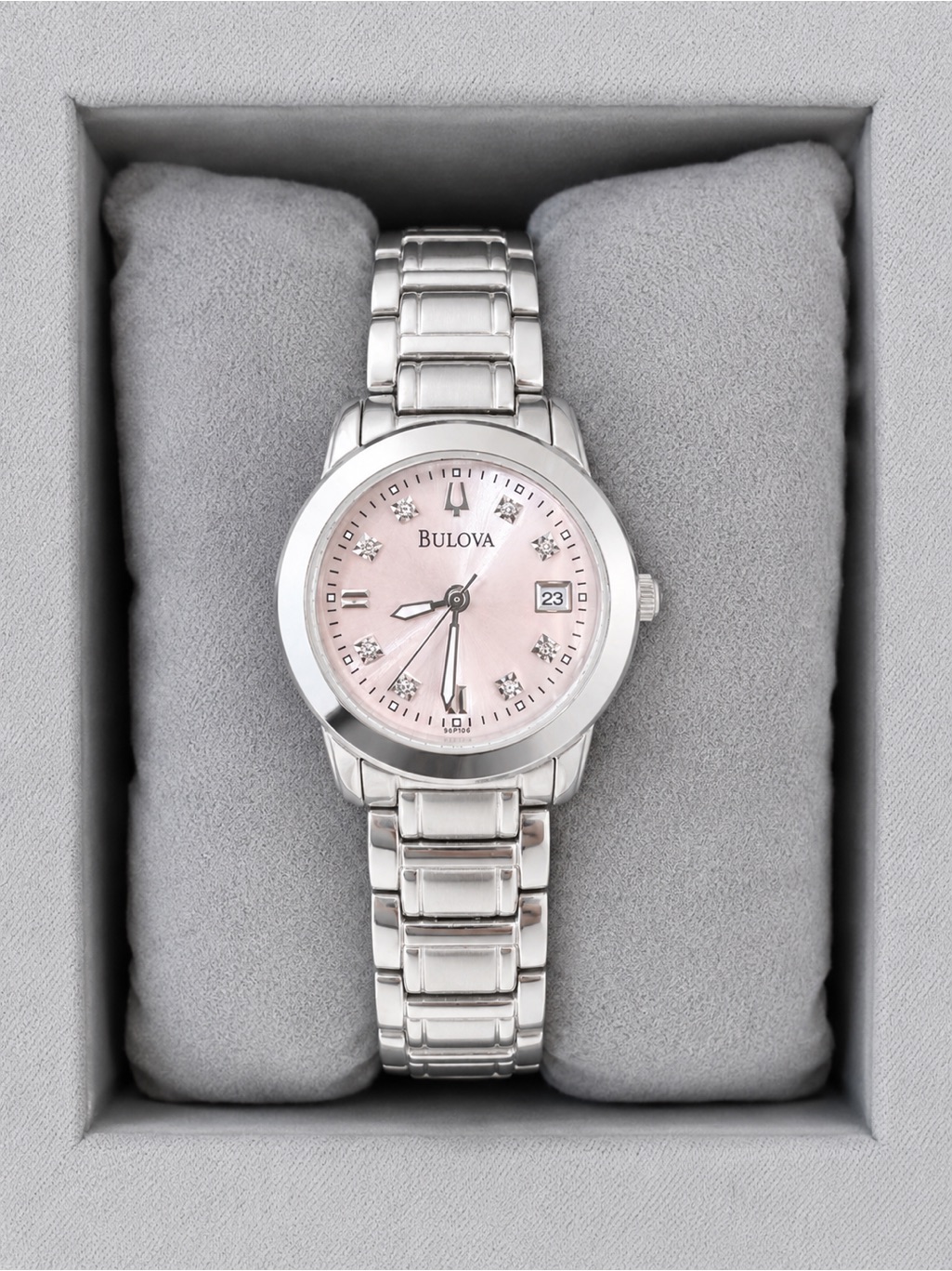 Bulova Ladies Silver Diamond Watch With Light Pink Dial